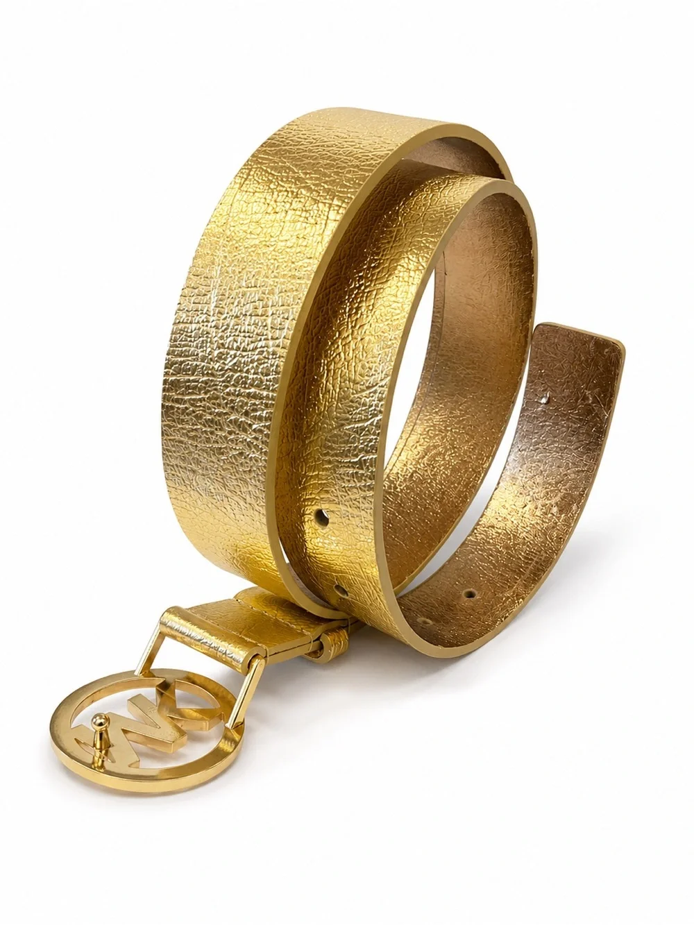 Michael Kors Metallic Gold MK Circle Buckle Leather Belt